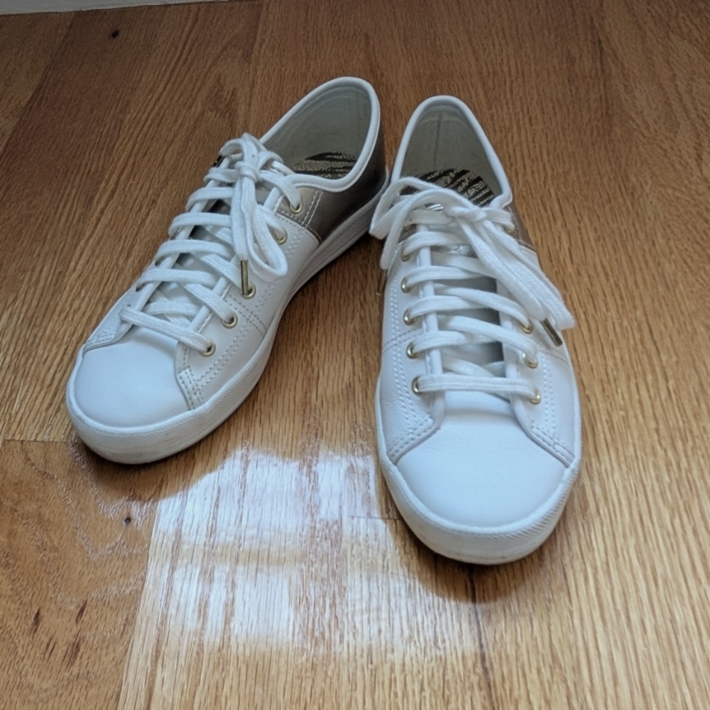 Keds white & gold leather Kickstarter sneakers, sz 5